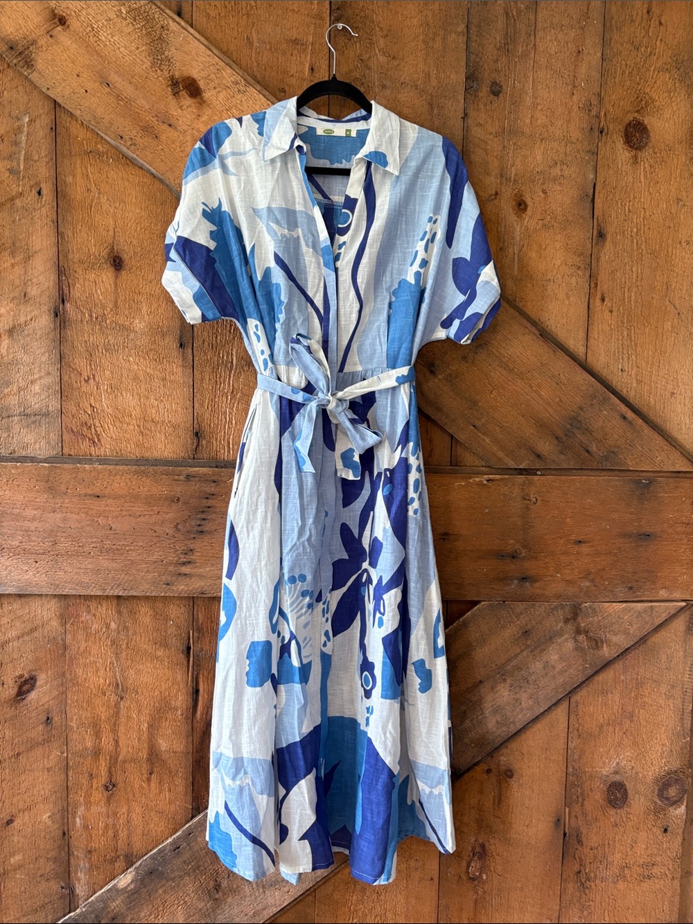 Blue Floral Maxi Shirt Dress with Tie Waist